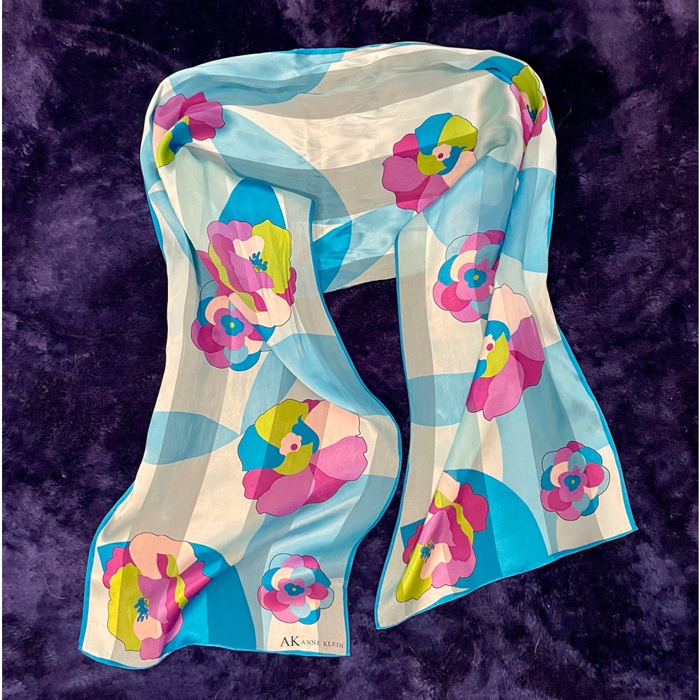 Anne Klein Vintage Rectangle Blue Floral Real Silk Scarf